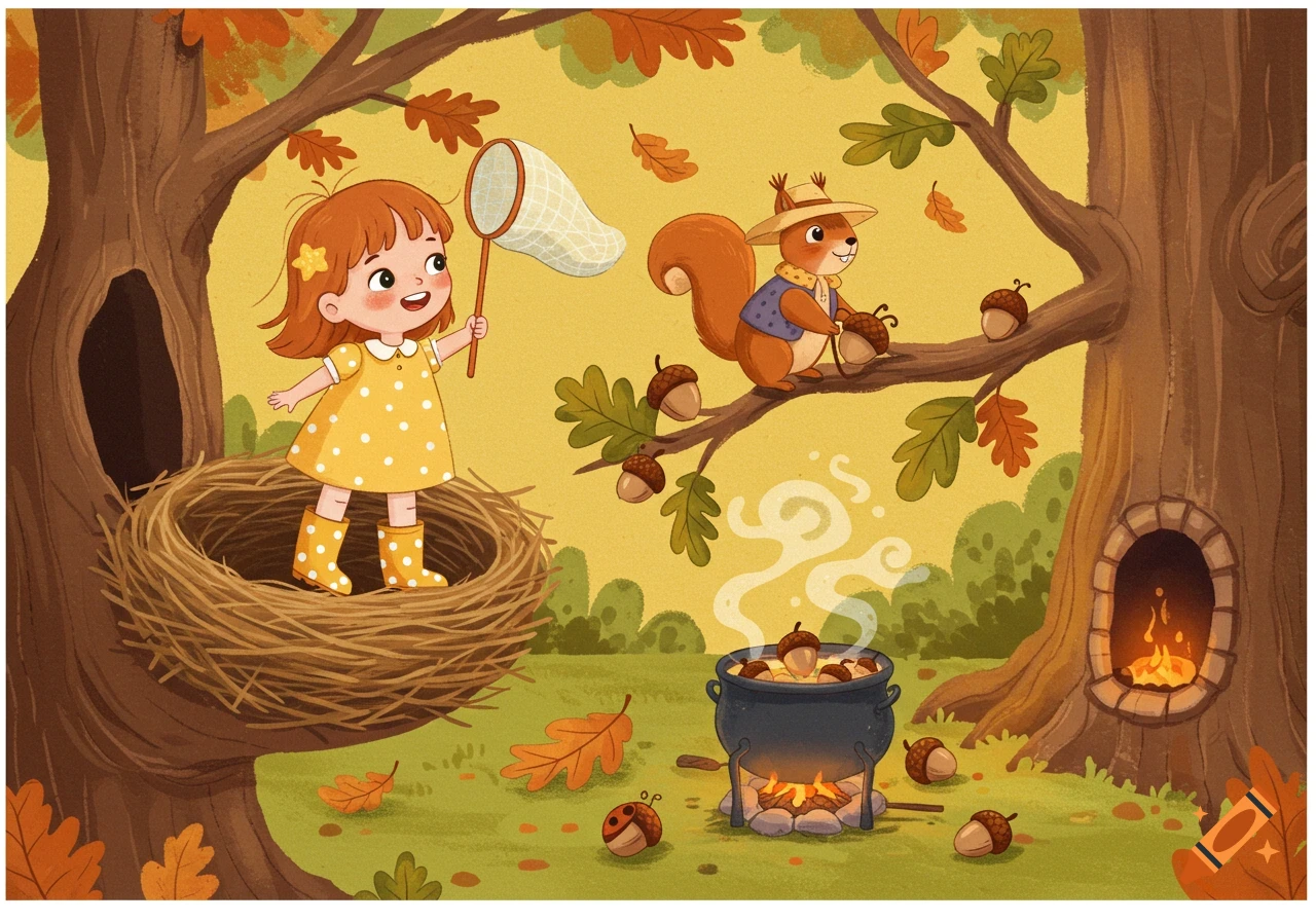 Cartoon illustration of a girl in a nest, a squirrel with acorns, and a cauldron under a tree in an autumn forest.