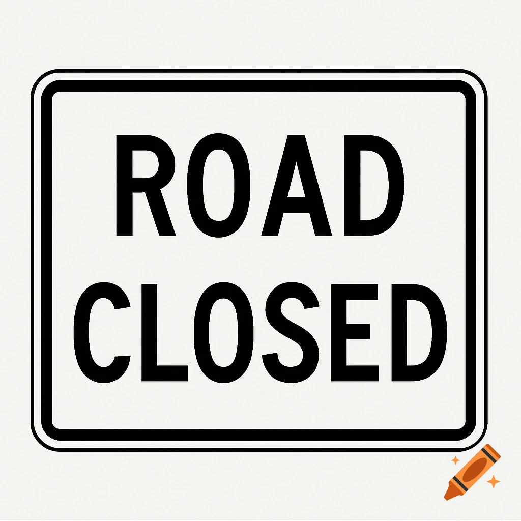 White rectangular road sign with a black border and rounded corners, displaying the words "ROAD CLOSED" in bold black letters.