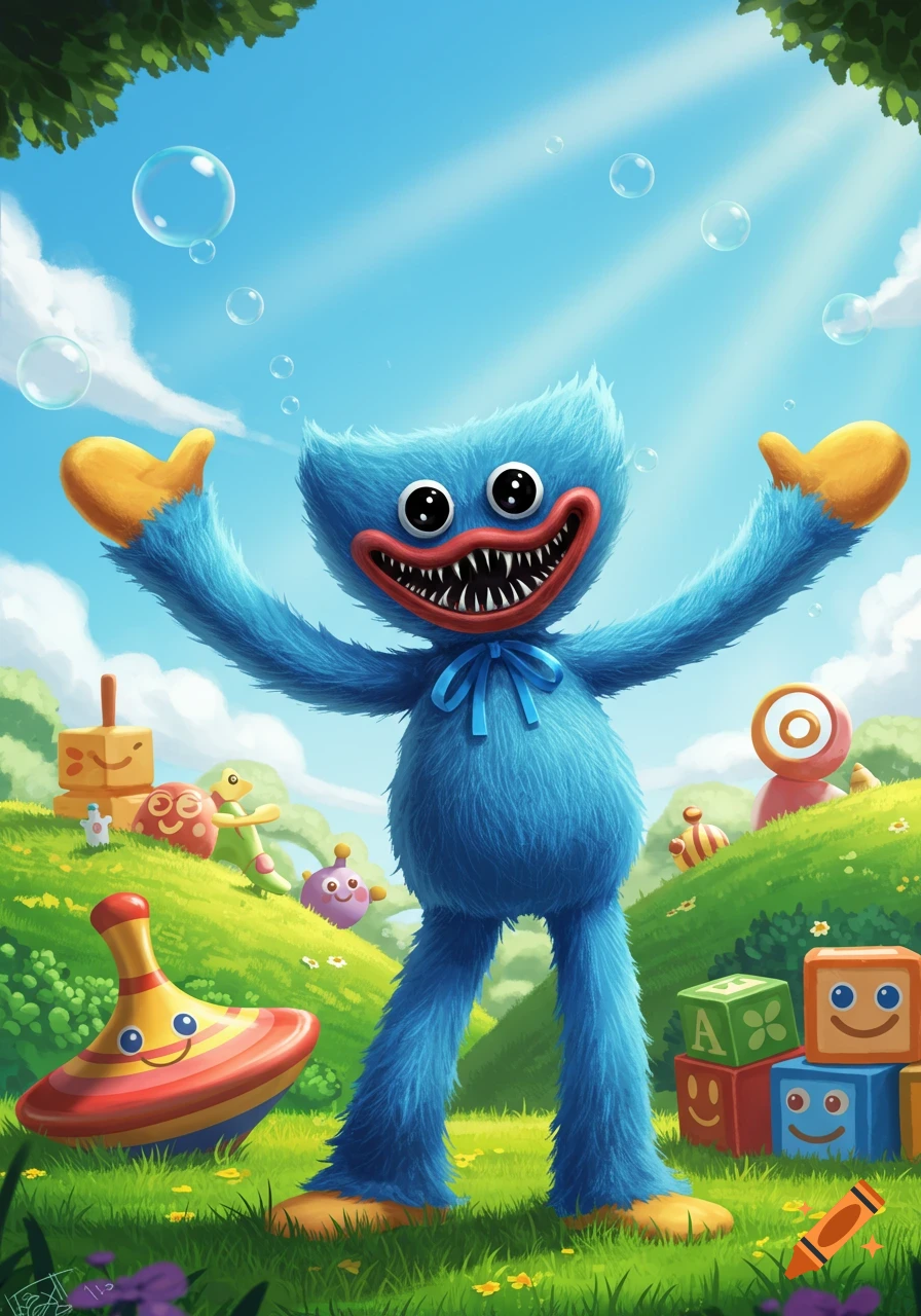A blue furry monster with big eyes and sharp teeth stands in a sunny grassy field with colorful toys and bubbles.