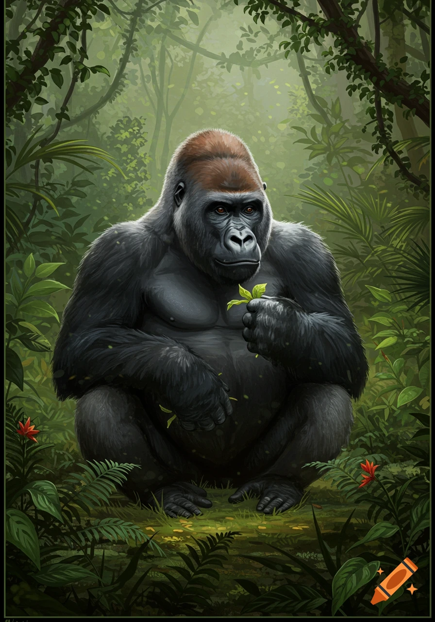 A powerful gorilla sits in a lush jungle, holding a green leaf. Digital painting style.