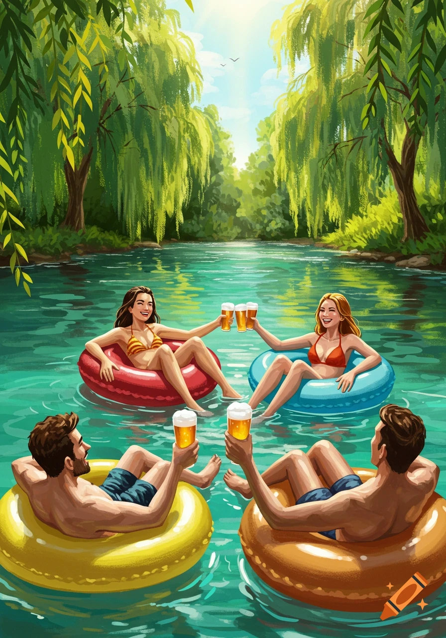 Four people in swimsuits on inflatable tubes float on a turquoise river, raising beer glasses under willow trees in a vibrant illustration.