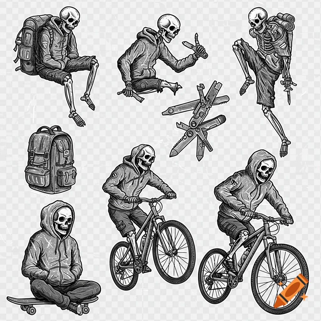 Black ink tattoo flash style illustrations of gritty skeletons in various poses, including sitting, holding tools, riding bikes, and skateboarding.