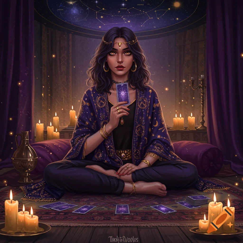 A dark-haired woman in a purple and gold robe sits cross-legged, holding a tarot card in a candlelit mystical room.