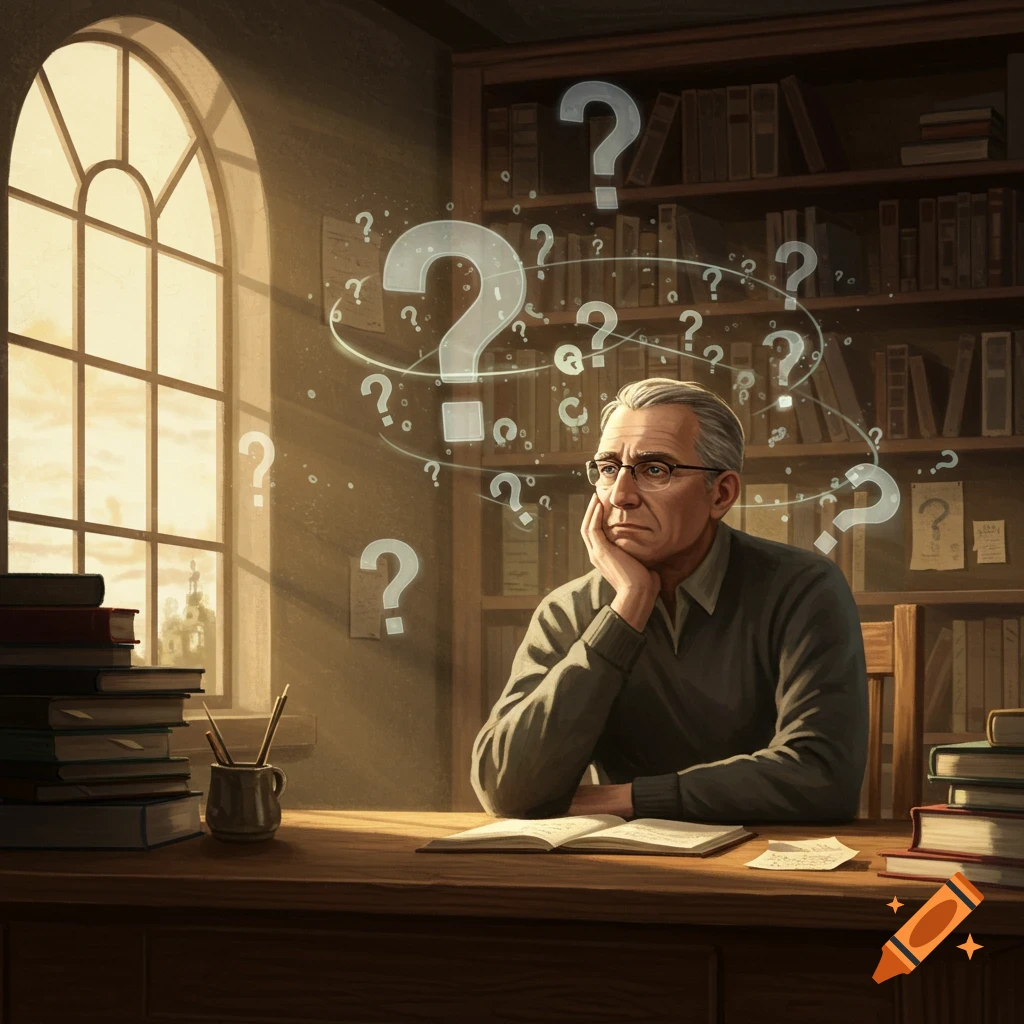 A thoughtful older man in a study, surrounded by glowing question marks, sits at a desk with books, lit by a window.