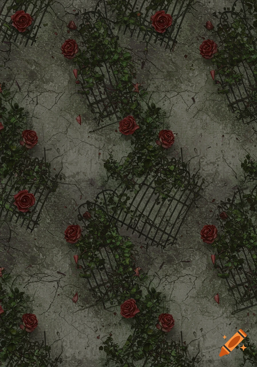 Seamless pattern of red roses and green vines growing on a cracked, dark gray wall with broken metal grates.