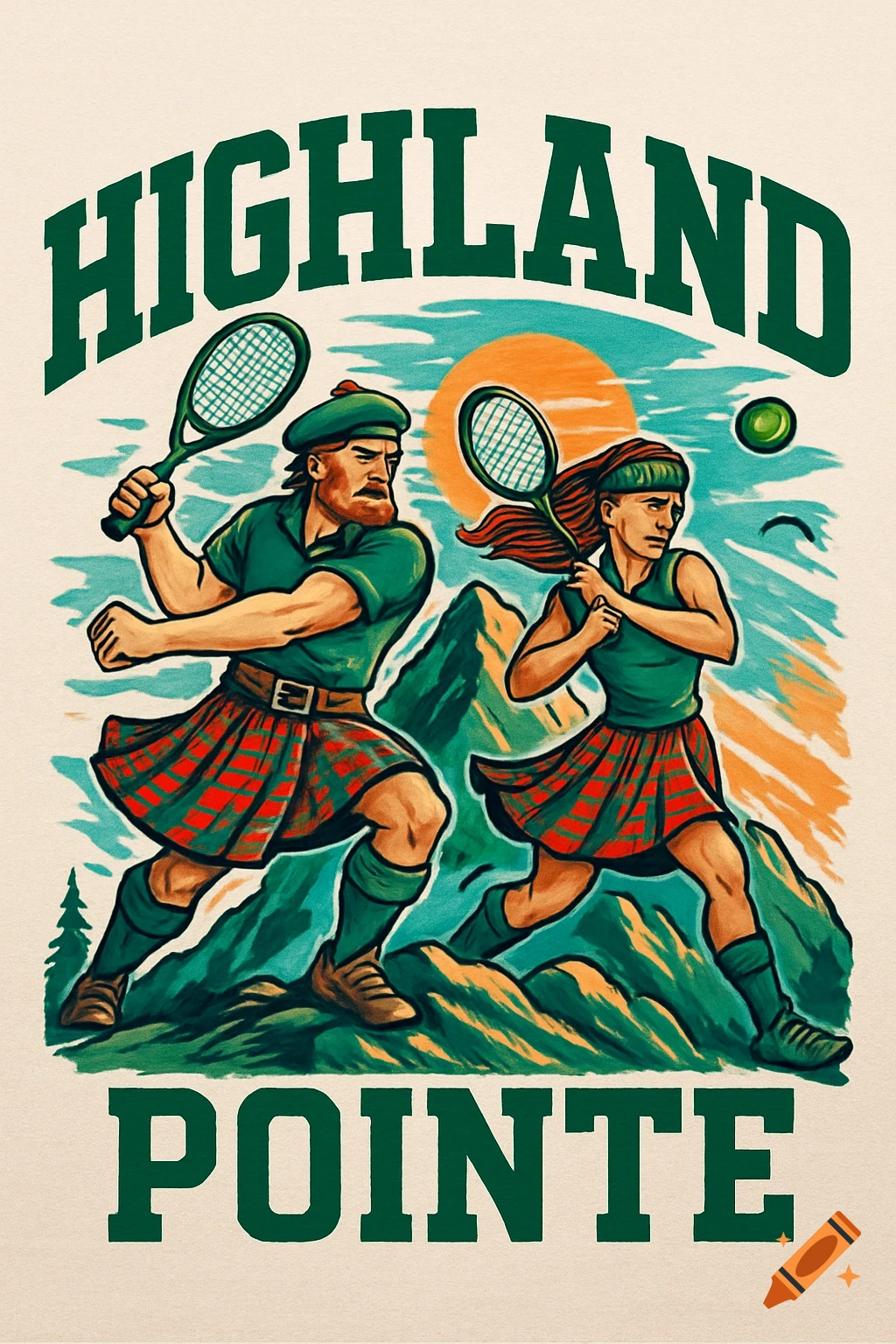 A college mascot style illustration of a male and female highlander playing tennis on a mountain, with 'Highland' and 'Pointe' text.