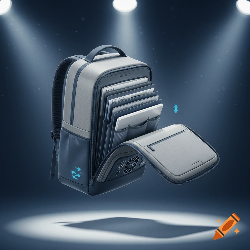 A modern blue and grey backpack floats, its front compartment open to reveal an accordion file organizer and cooling vents.