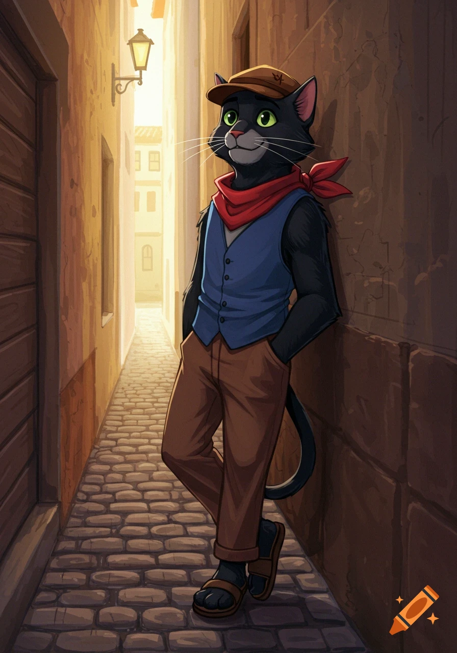 An anthropomorphic black tuxedo cat in a blue vest, red scarf, and brown cap leans in a narrow alleyway.