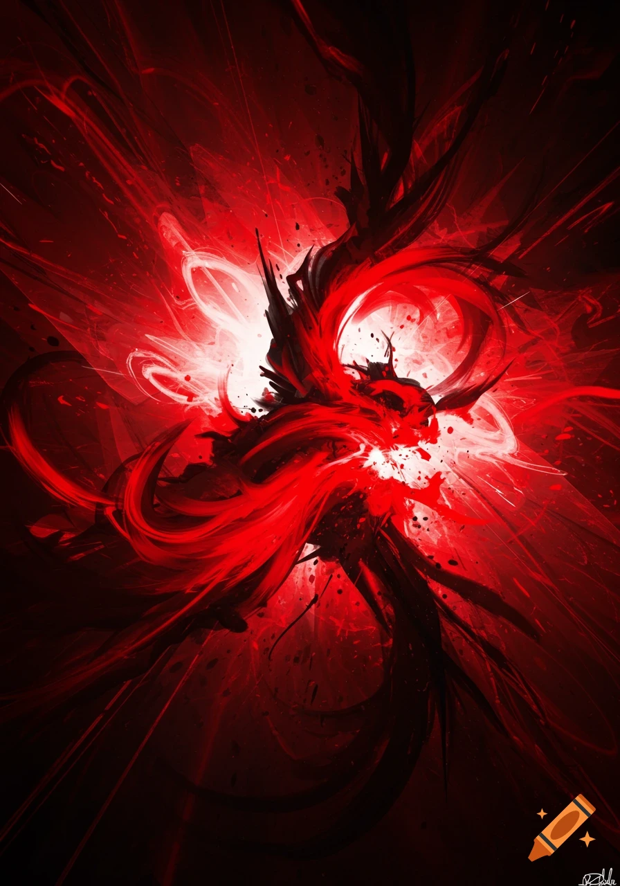 Dynamic abstract digital art with swirling red and black forms emanating from a bright white core.
