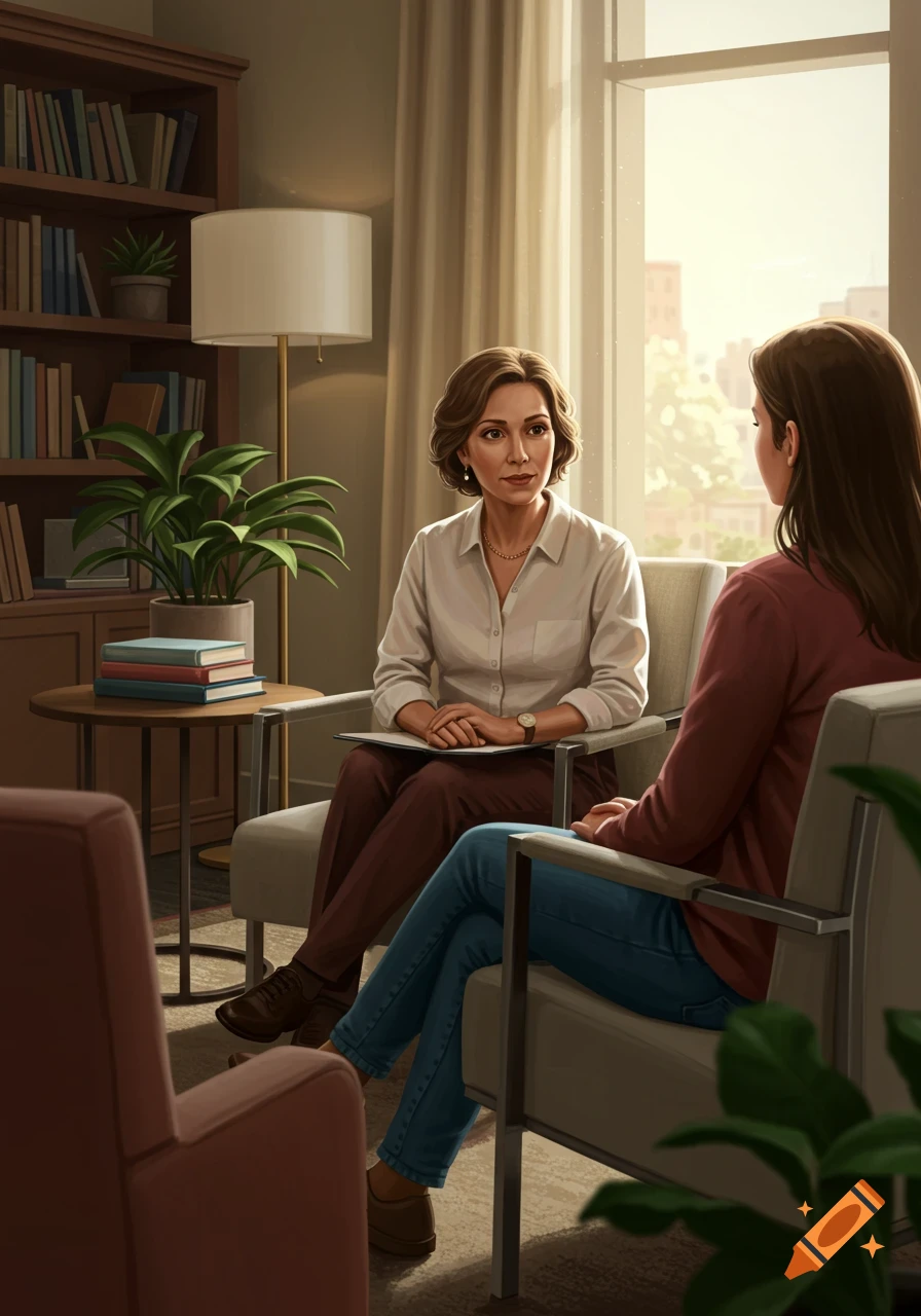 A photorealistic image of a therapist and client sitting in chairs in a warm, sunlit office with a bookshelf.