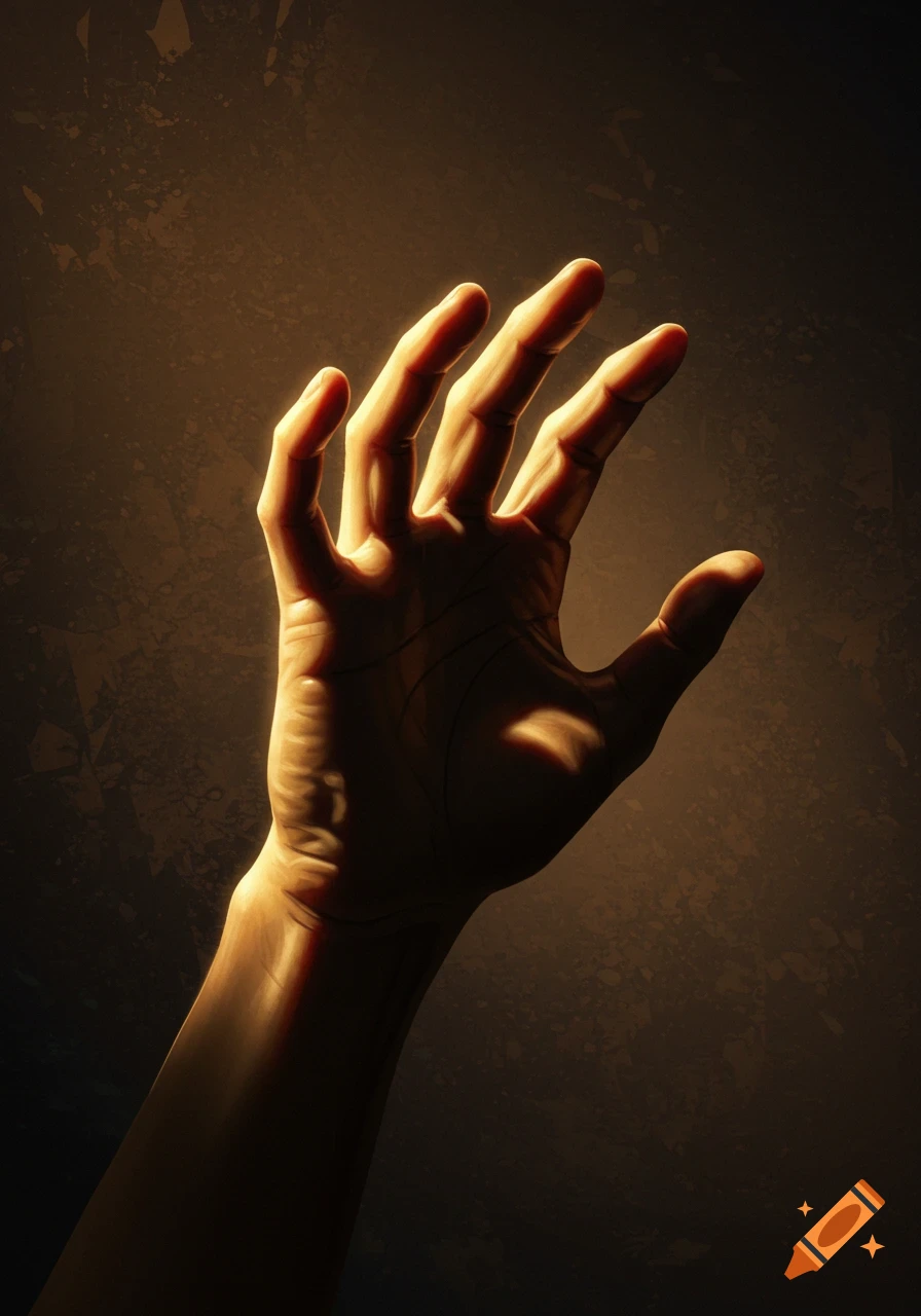 An illustrated hand reaching upwards, brightly lit against a dark, textured background.