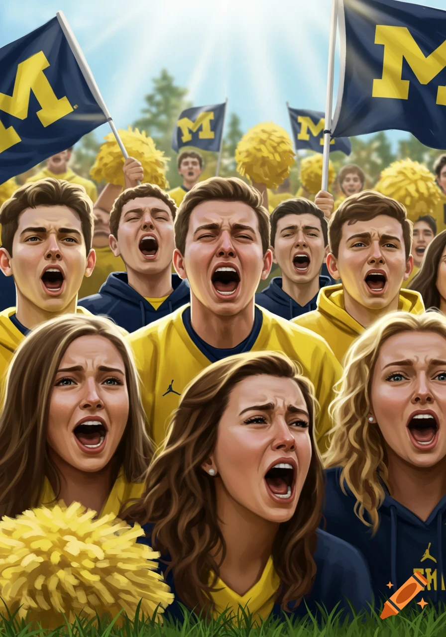 A crowd of young Michigan fans in yellow and blue, yelling and crying with intense expressions, holding flags with a large 'M' and pom-poms.