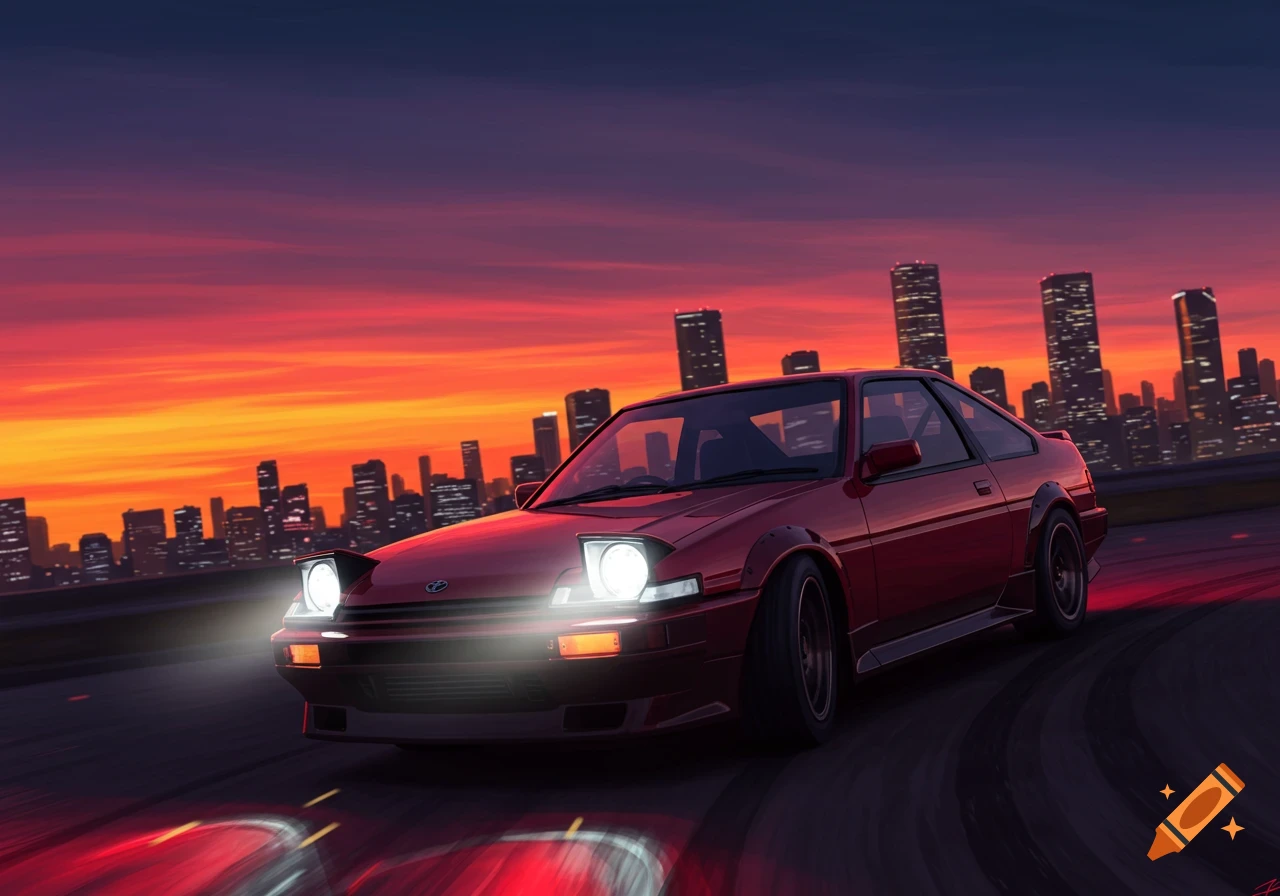 A red sports car with glowing pop-up headlights drifts on a road at sunset, with a city skyline in the background.