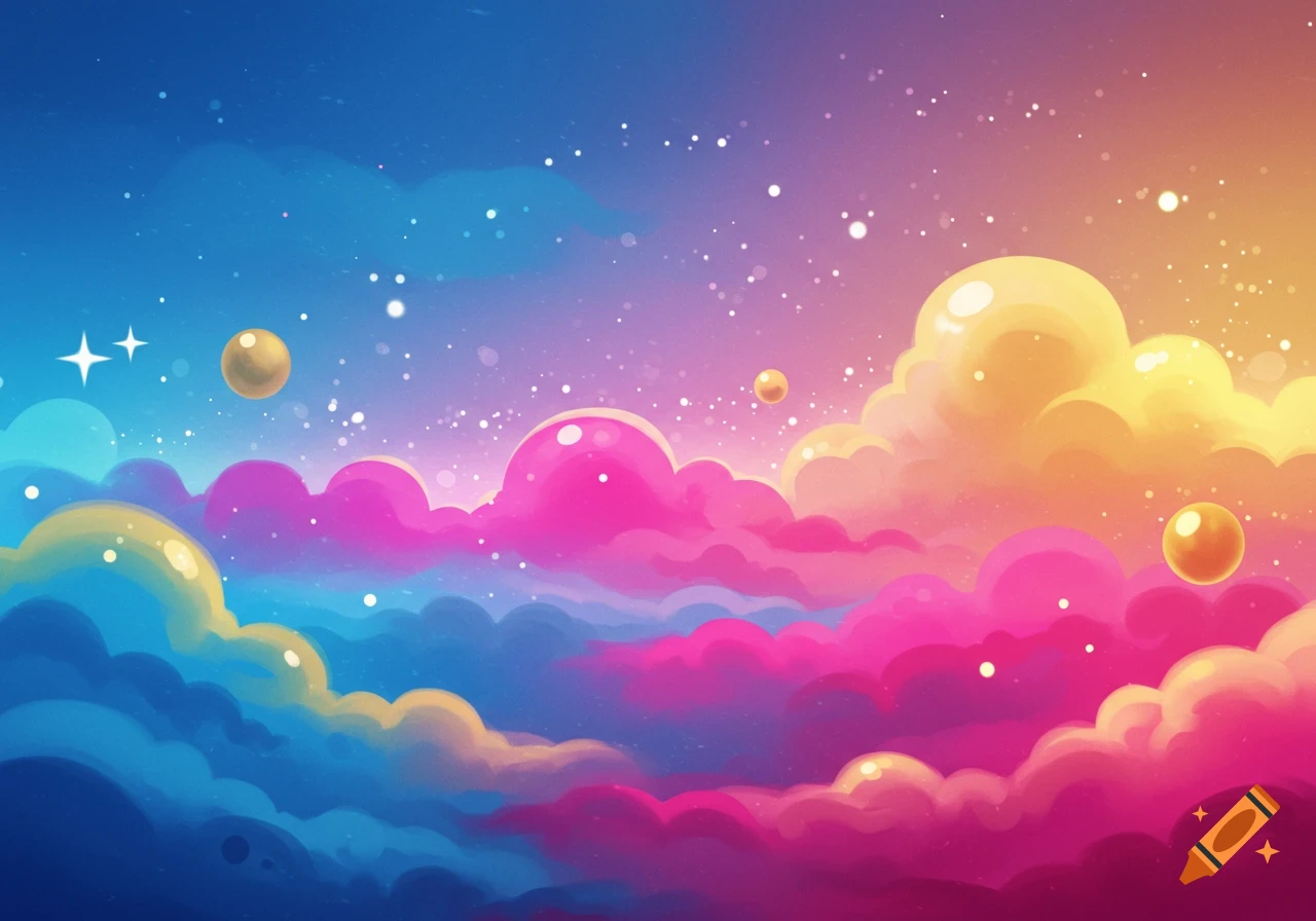 A vibrant, dreamlike illustration of a sky filled with colorful clouds (blue, pink, yellow), glowing spheres, and sparkles.