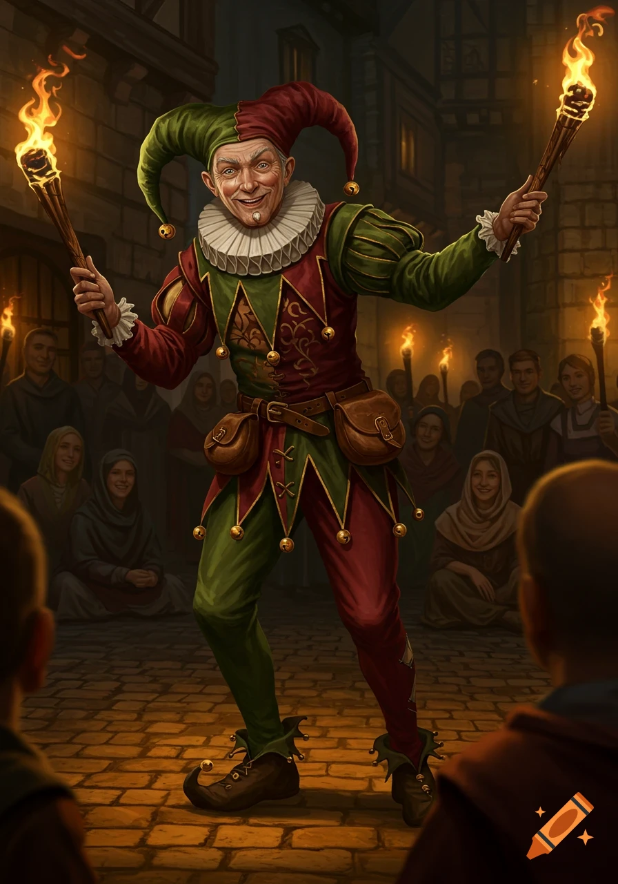 An elder jester in red and green costume smiles and holds two flaming torches in a crowded, torch-lit medieval street.