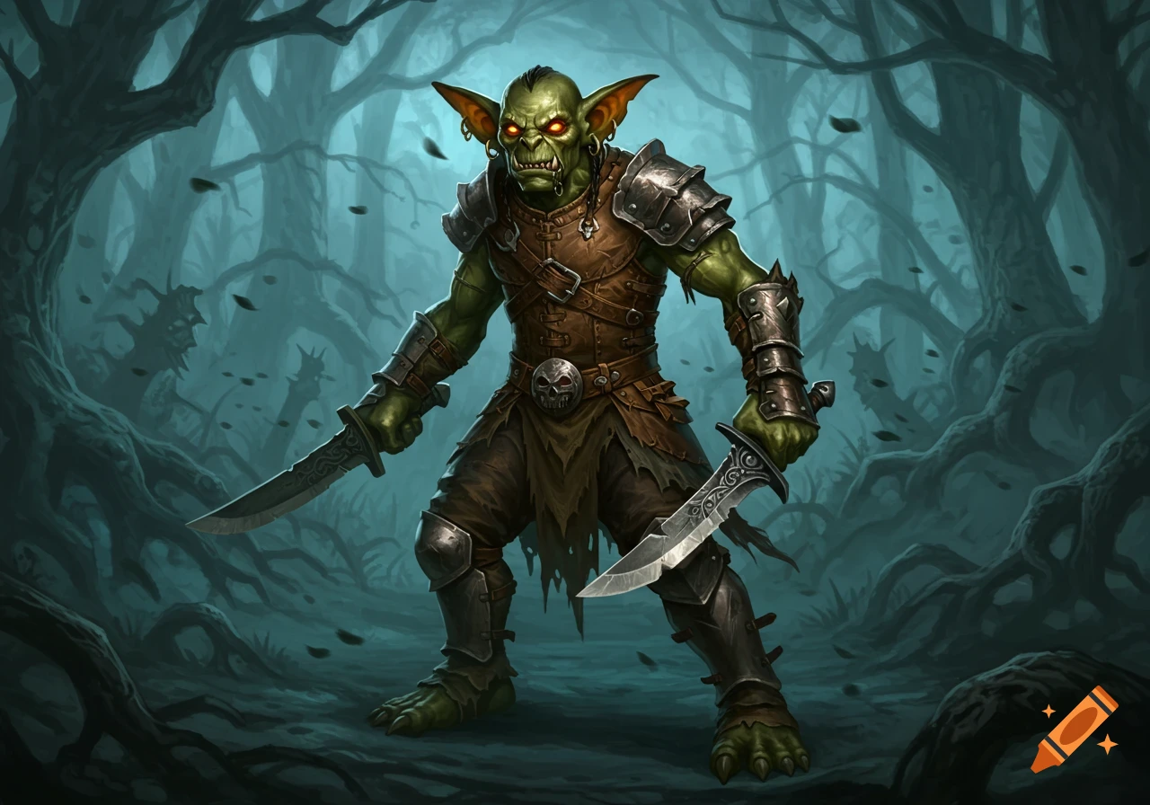 A fearsome green-skinned hobgoblin warrior with glowing red eyes, wearing armor and holding two large knives, stands in a dark, gnarled forest.