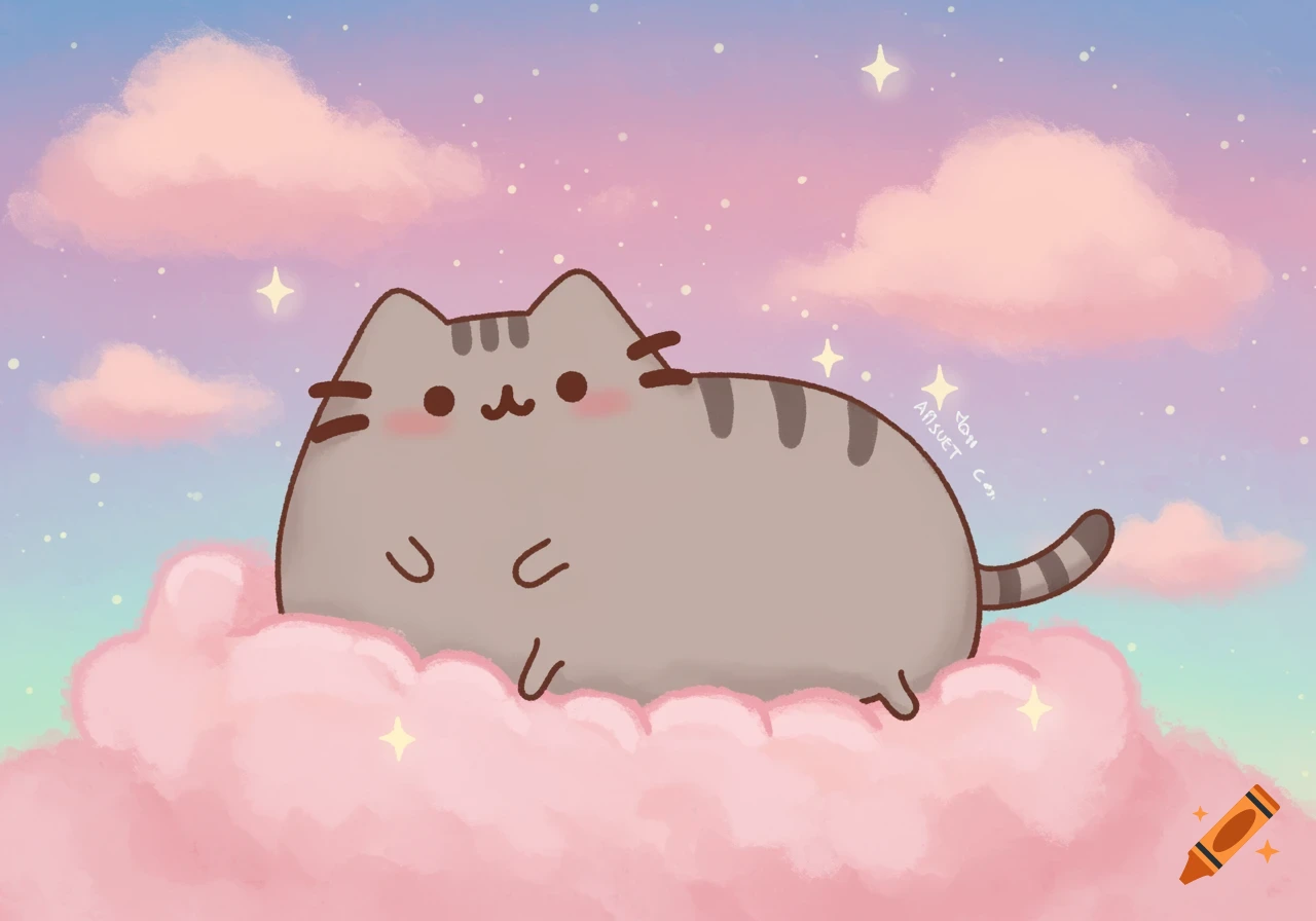 A cute chubby gray cat, resembling Pusheen, sits on a pink cloud in a dreamy pastel sky filled with stars.