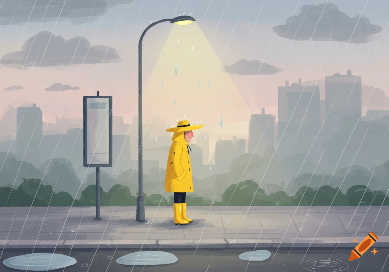 Clip art of a person in a yellow raincoat and hat waiting at a bus stop on a rainy street with city buildings in the distance.