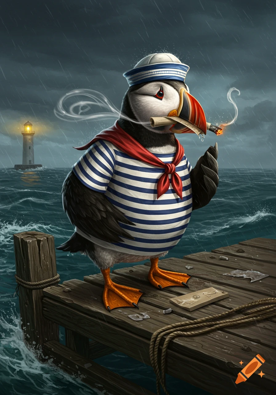 An anthropomorphic puffin in a sailor uniform smokes a cigar on a wooden dock in a stormy sea with a lighthouse.