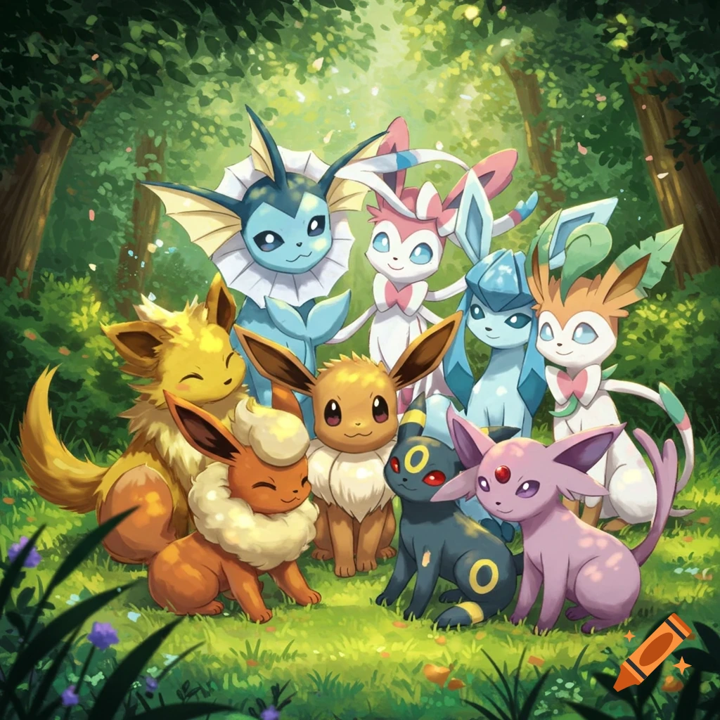 Eevee and its eight evolutions gathered together in a vibrant, sunlit forest clearing, depicted in a friendly anime style.