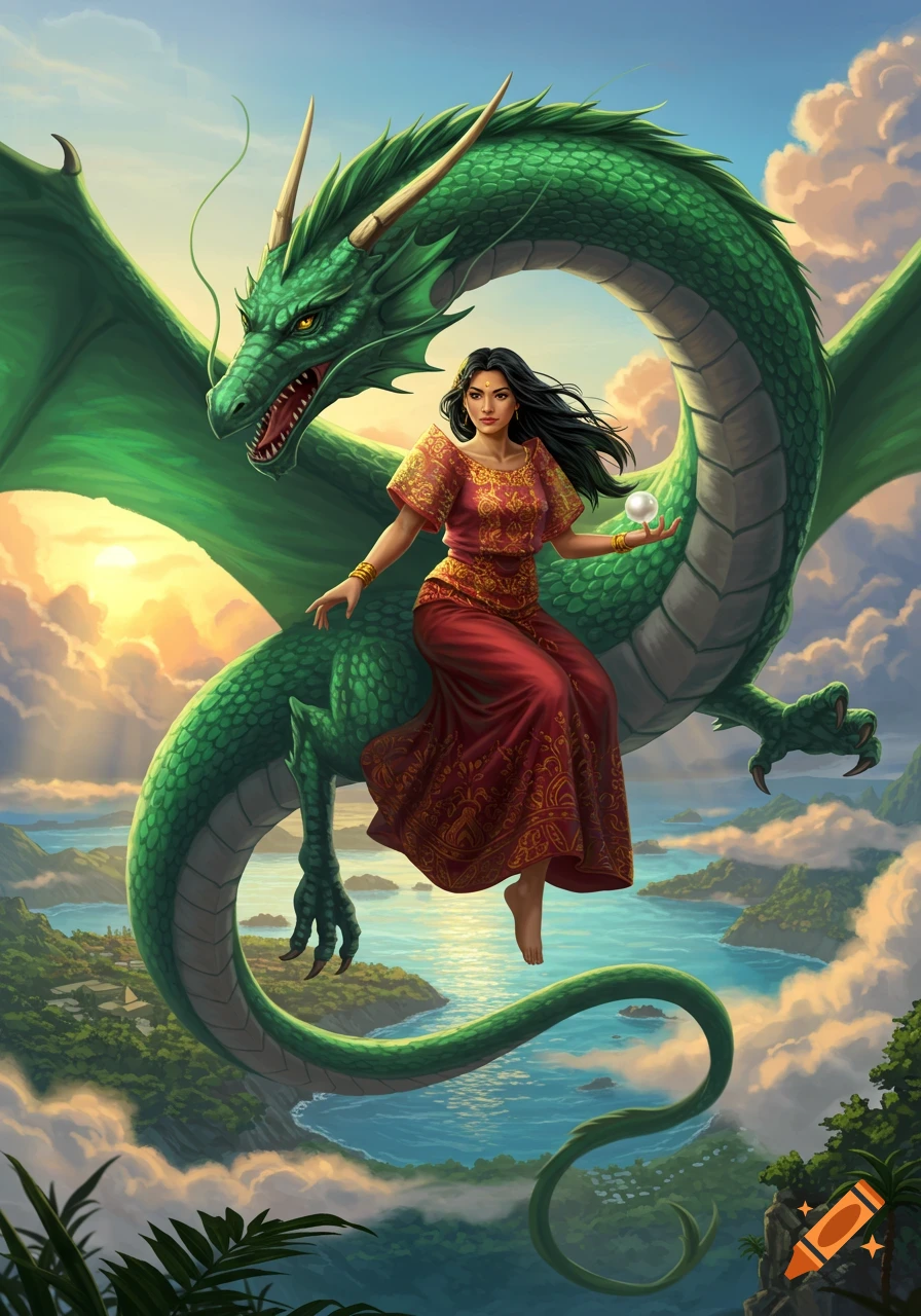 A woman in a red and gold dress rides a large green dragon above tropical islands and ocean under a sunset sky.