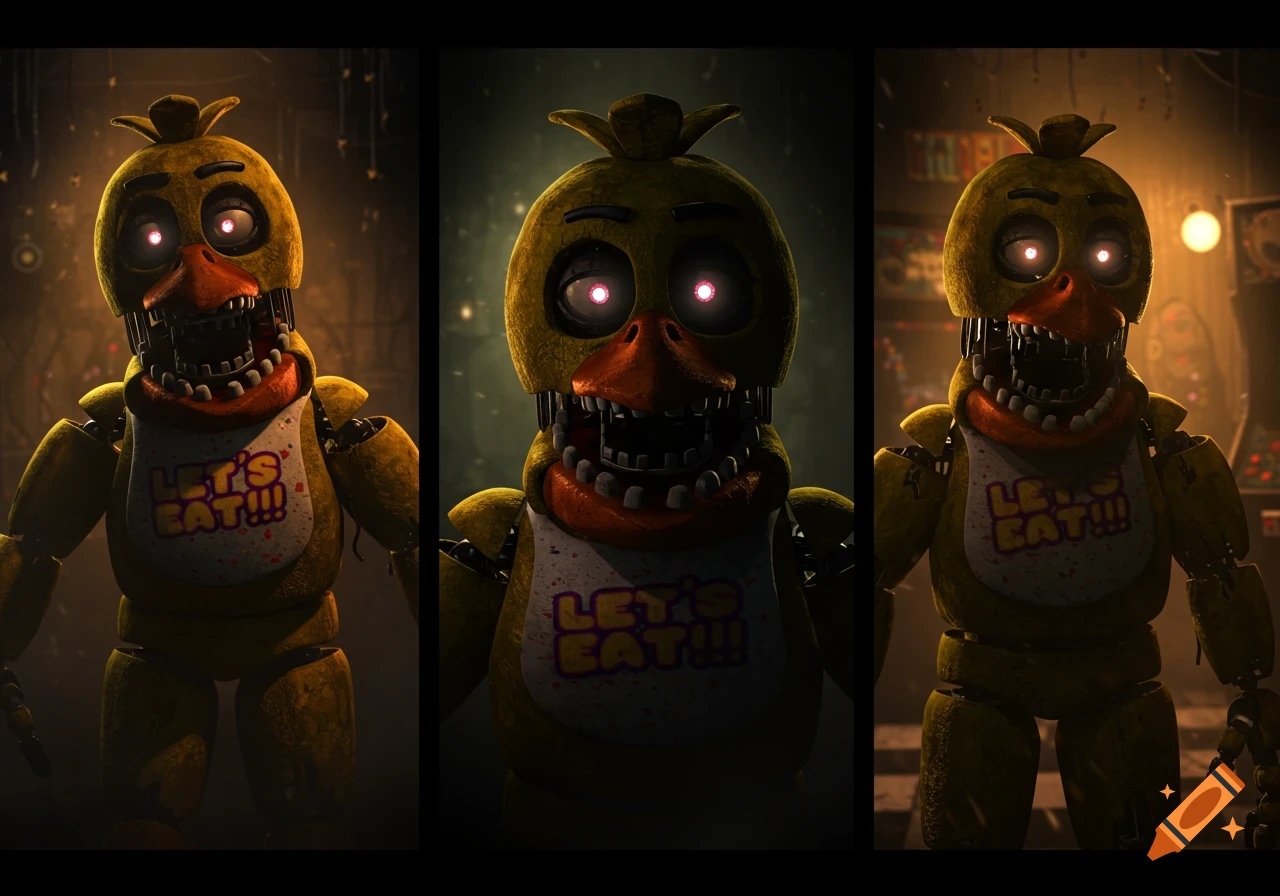 Three panels show different angles of Chica, the animatronic chicken from Five Nights at Freddy's, with glowing red eyes and a bib that says 'LET'S EAT!!!', in a dark, dramatic setting.