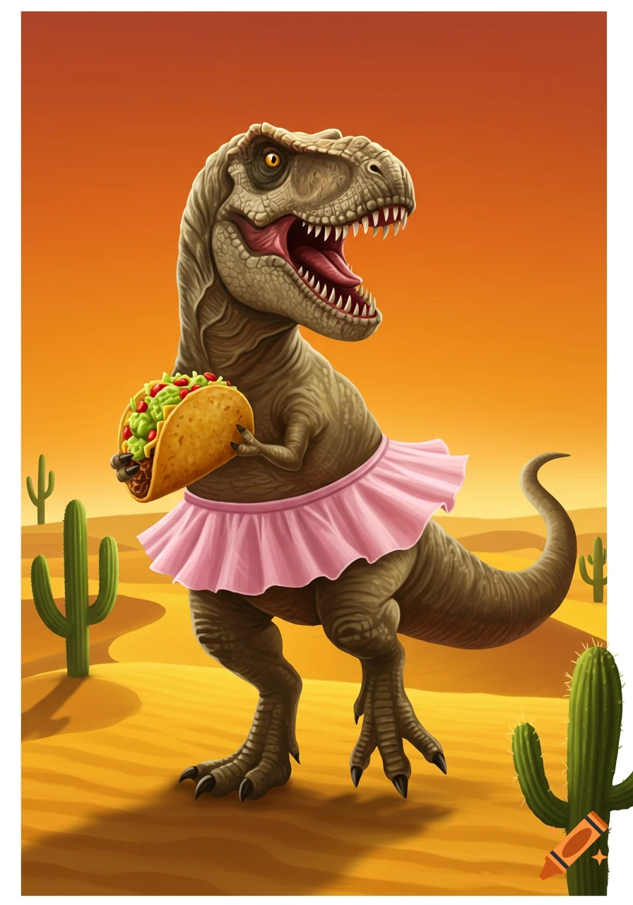 A cartoon T-Rex wearing a pink tutu holds a taco in a desert with cacti.