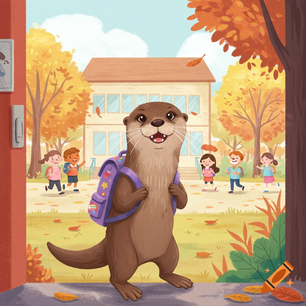 A happy cartoon otter with a purple backpack stands at a doorway, looking towards a school building with children and autumn trees.