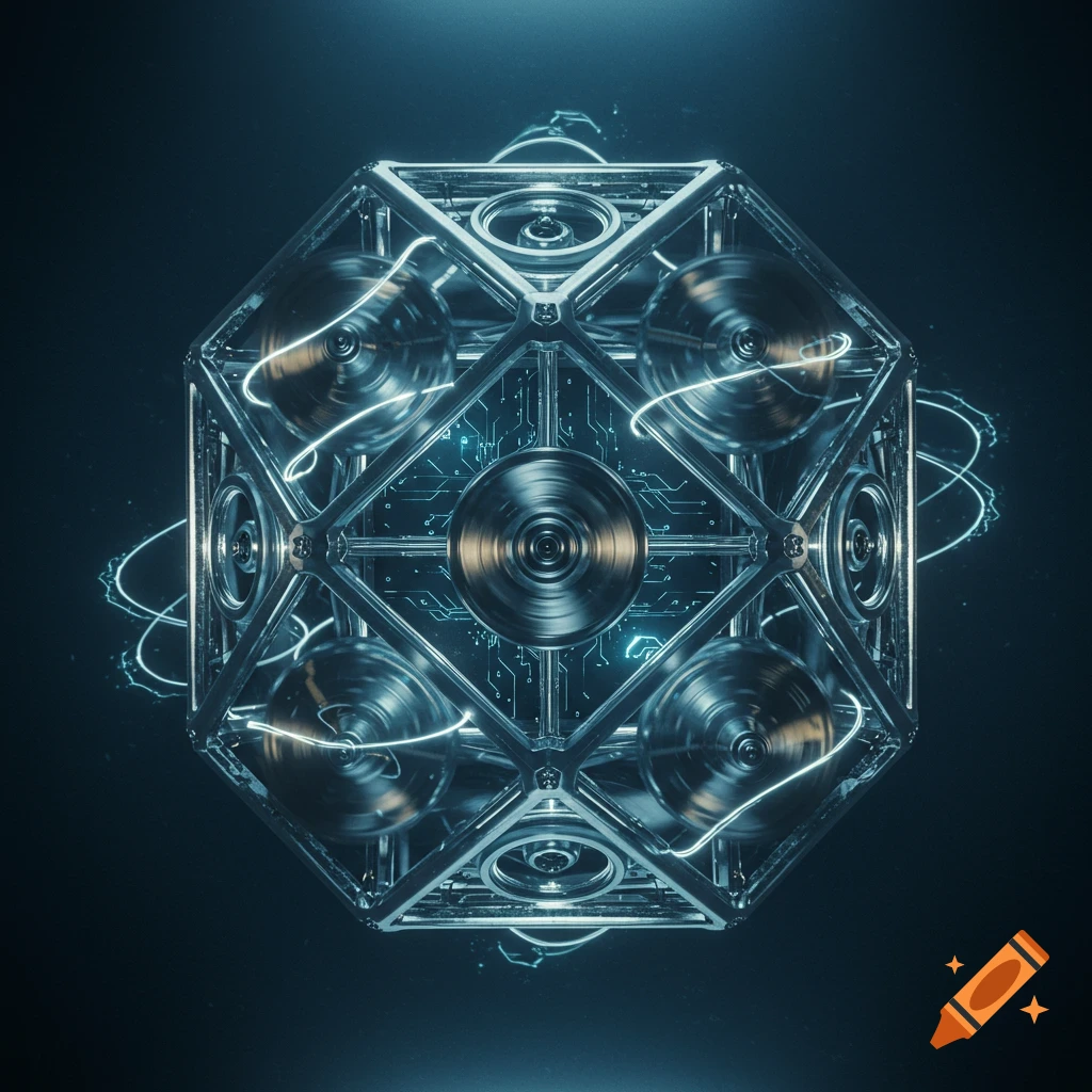 A metallic octahedron with glowing blue circuit patterns contains six spinning metallic gyroscopes, surrounded by swirling blue energy lines.