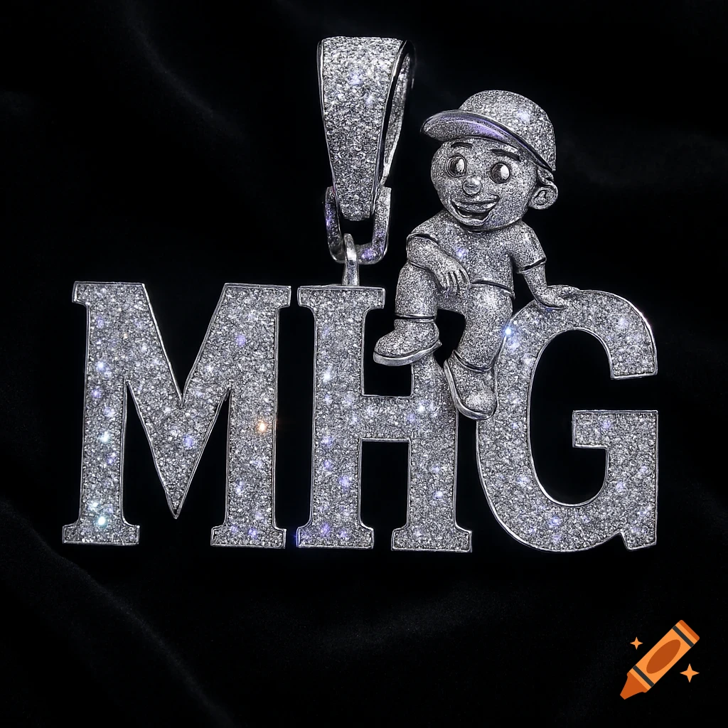 Diamond-encrusted pendant spelling MHG with a small character sitting on the G against a black background.