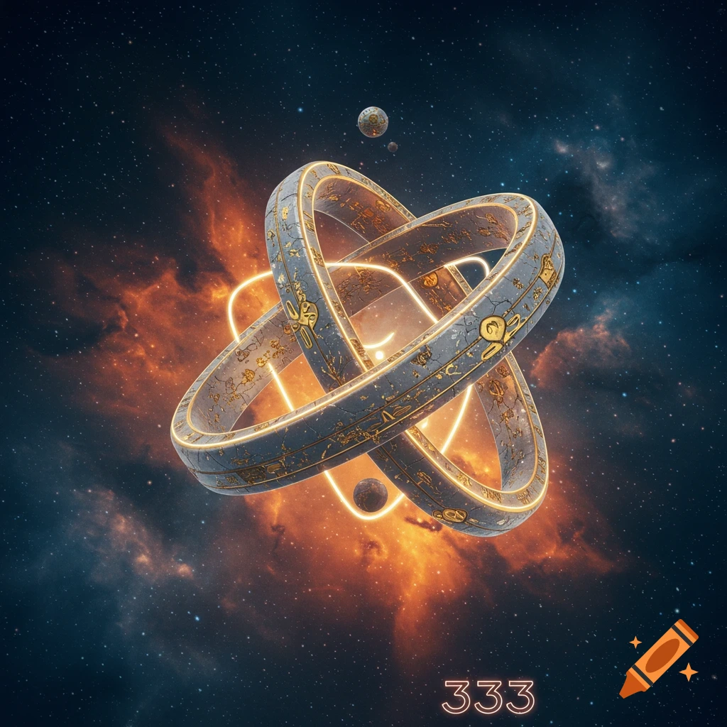 Three intertwined ancient-looking rings with glowing lines float in a starry nebula, with small planets and the number 333 below.