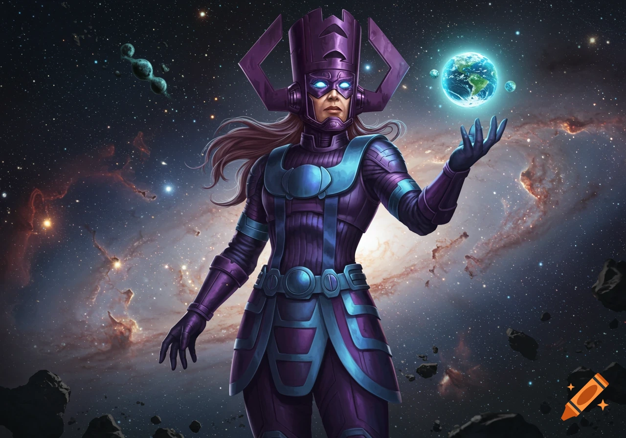 A female Galactus in purple armor stands in deep space, holding a glowing Earth. Comic art style.