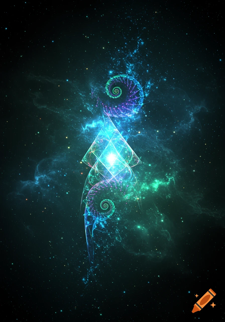 Abstract glowing blue and green fractal shape with spirals and geometric forms against a dark, starry cosmic background.
