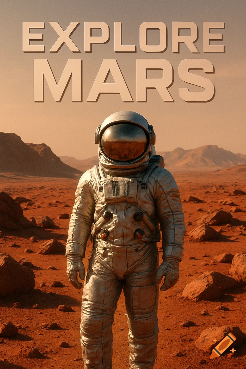A photorealistic image of an astronaut standing on the red, rocky surface of Mars, with the words 'EXPLORE MARS' above.