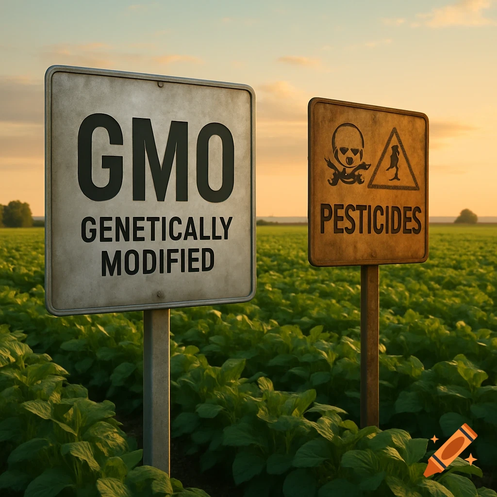 Two signs in a green field at sunset: one reads "GMO Genetically Modified" and the other "Pesticides" with warning symbols.