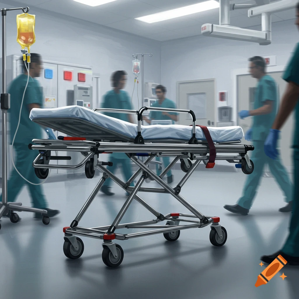 A metal ambulance stretcher with a white mattress stands in a brightly lit hospital room as blurry medical staff walk by.