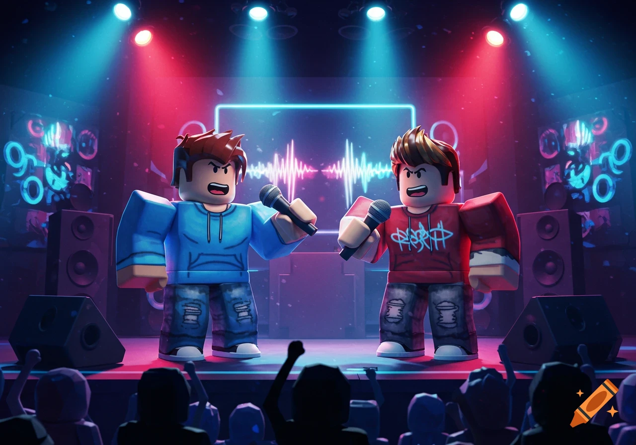 Two Roblox characters rap battling on a stage illuminated by blue and red lights, with a crowd in the foreground.