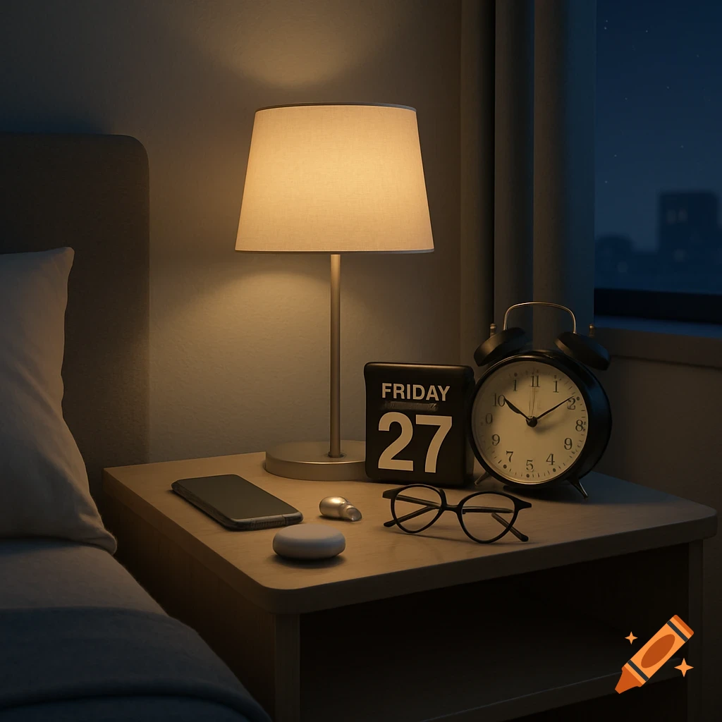 A minimalist bedside table at night with a lamp, smartphone, reading glasses, a calendar showing 'FRIDAY 27', and an alarm clock set to 10:00.