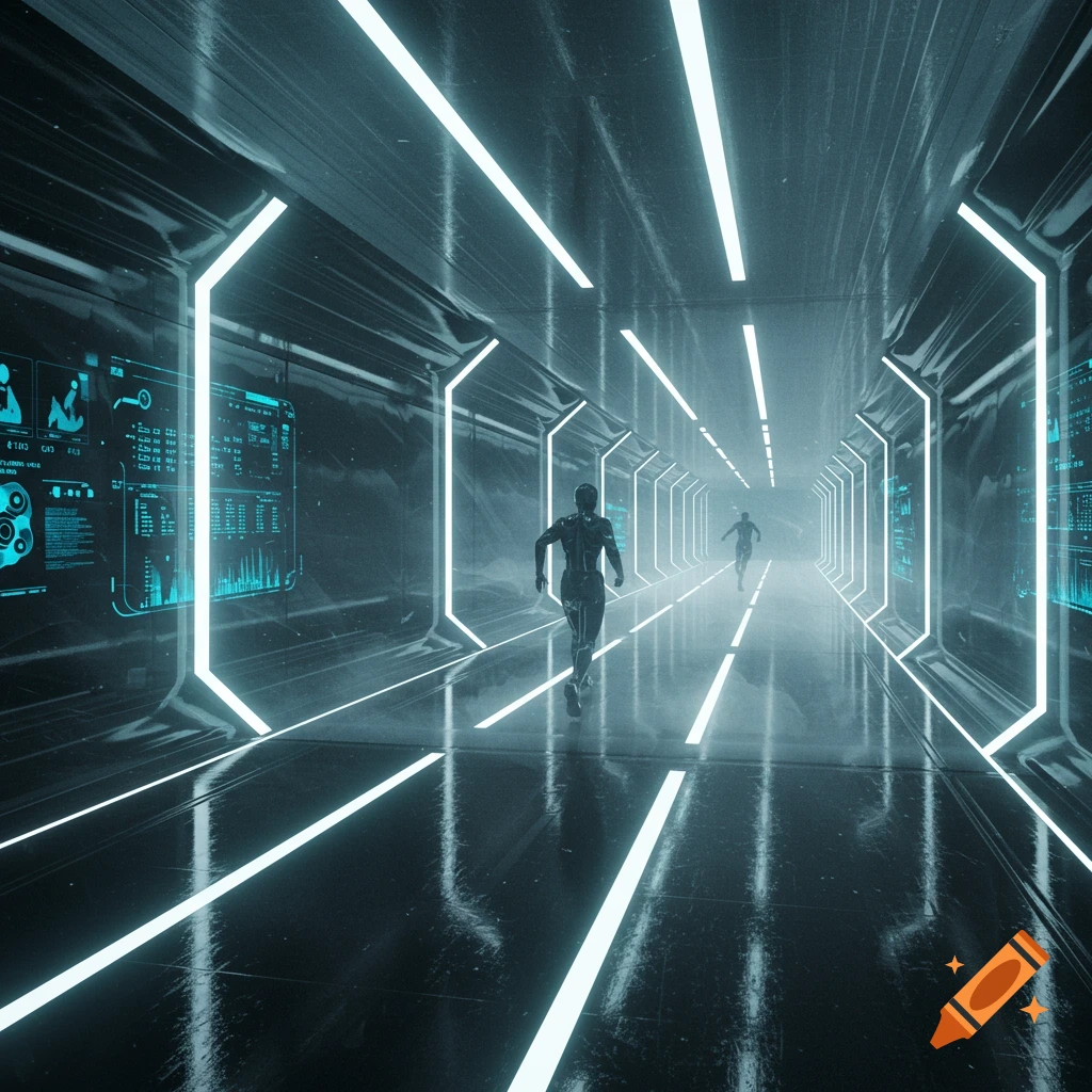 Two figures run through a dark, glowing futuristic hallway with holographic displays on the wall.