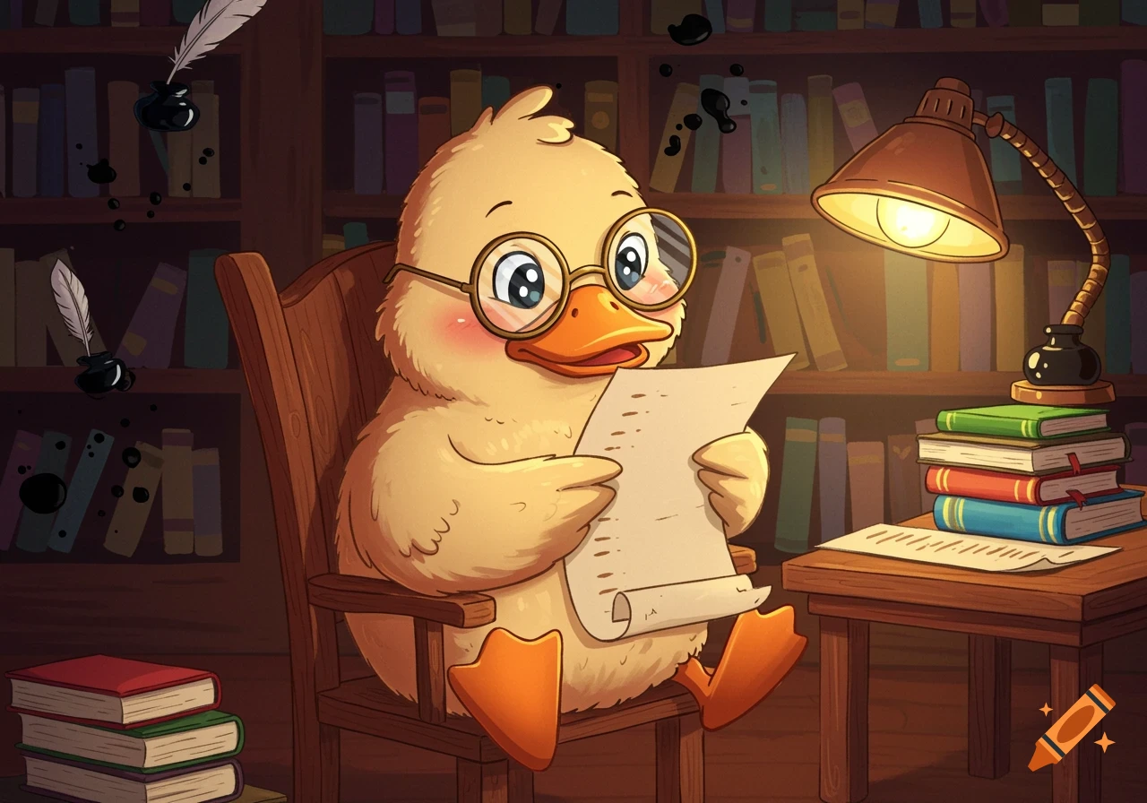 A cute cartoon duck wearing crescent moon glasses sits in a wooden chair, reading a paper by a desk lamp in a cozy library.