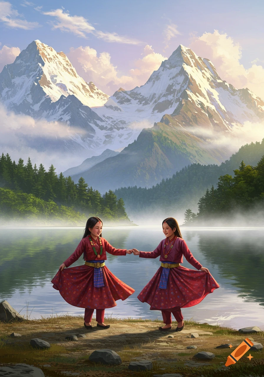 Two young girls in traditional Nepali dresses stand hand-in-hand by a misty lake, with majestic snow-capped mountains and lush forests in the background.