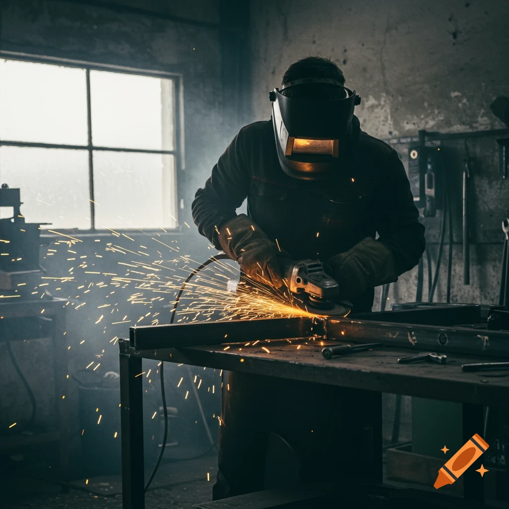 A person in a welding mask grinds metal, producing a shower of bright sparks in a dimly lit workshop.