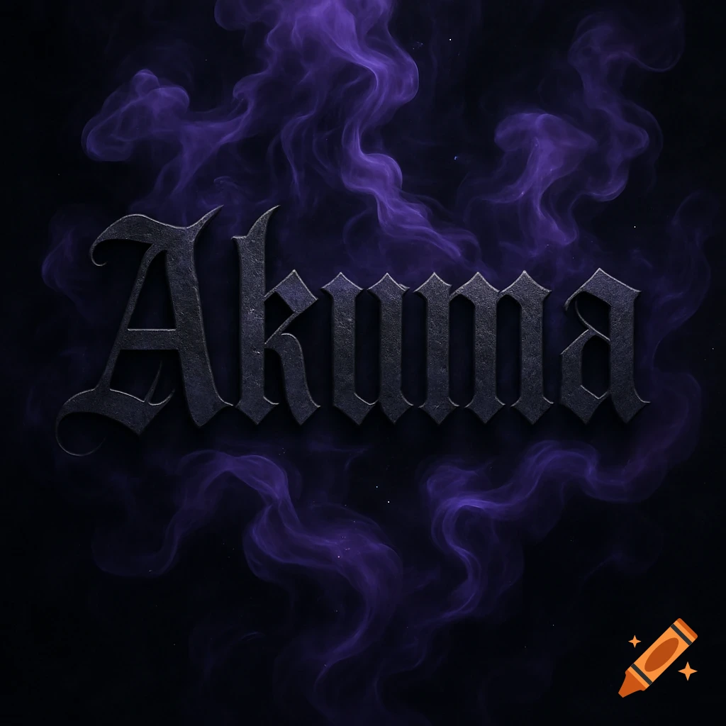 Gothic style text 'Akuma' in dark gray with a metallic texture, surrounded by swirling purple smoke against a black background.