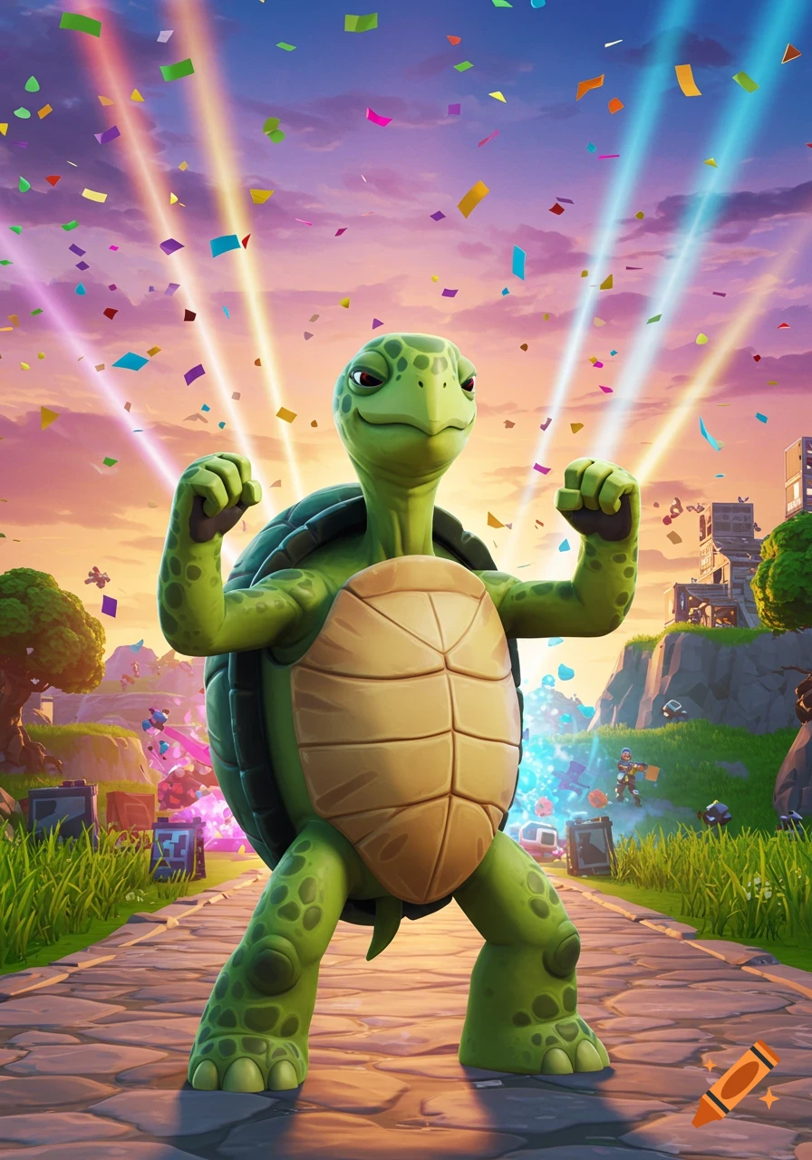 A cartoon turtle stands on a stone path, flexing its arms with a confident expression, surrounded by colorful confetti and light beams against a vibrant sunset sky in a stylized game world.