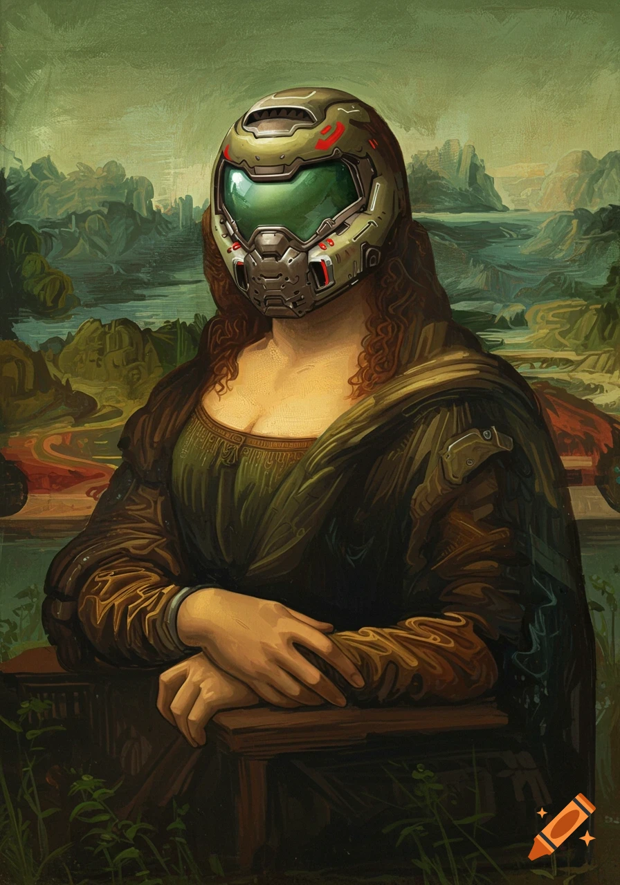A painting of Mona Lisa wearing a futuristic Doomguy helmet, set against a classic landscape background.