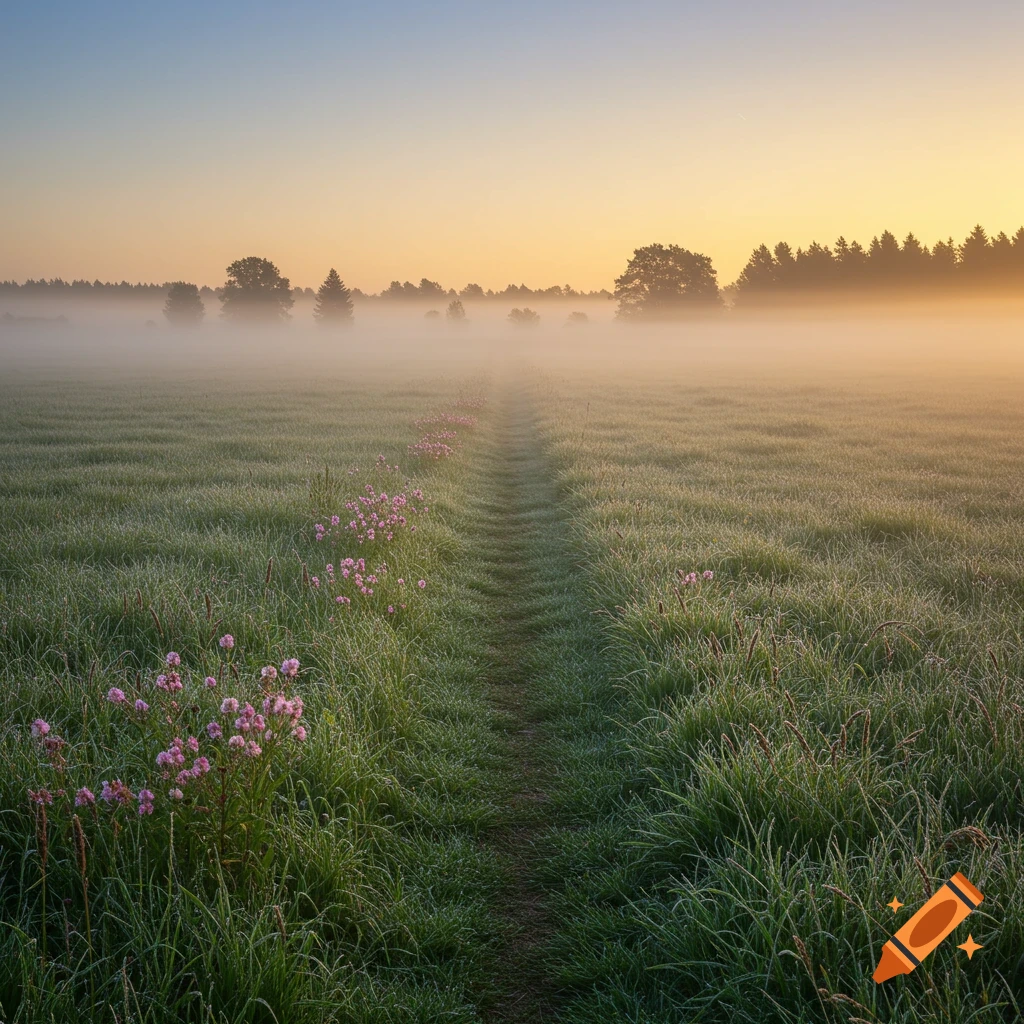 A foggy field at sunrise with a path, tall green grass, pink wildflowers, and distant trees under a golden sky.