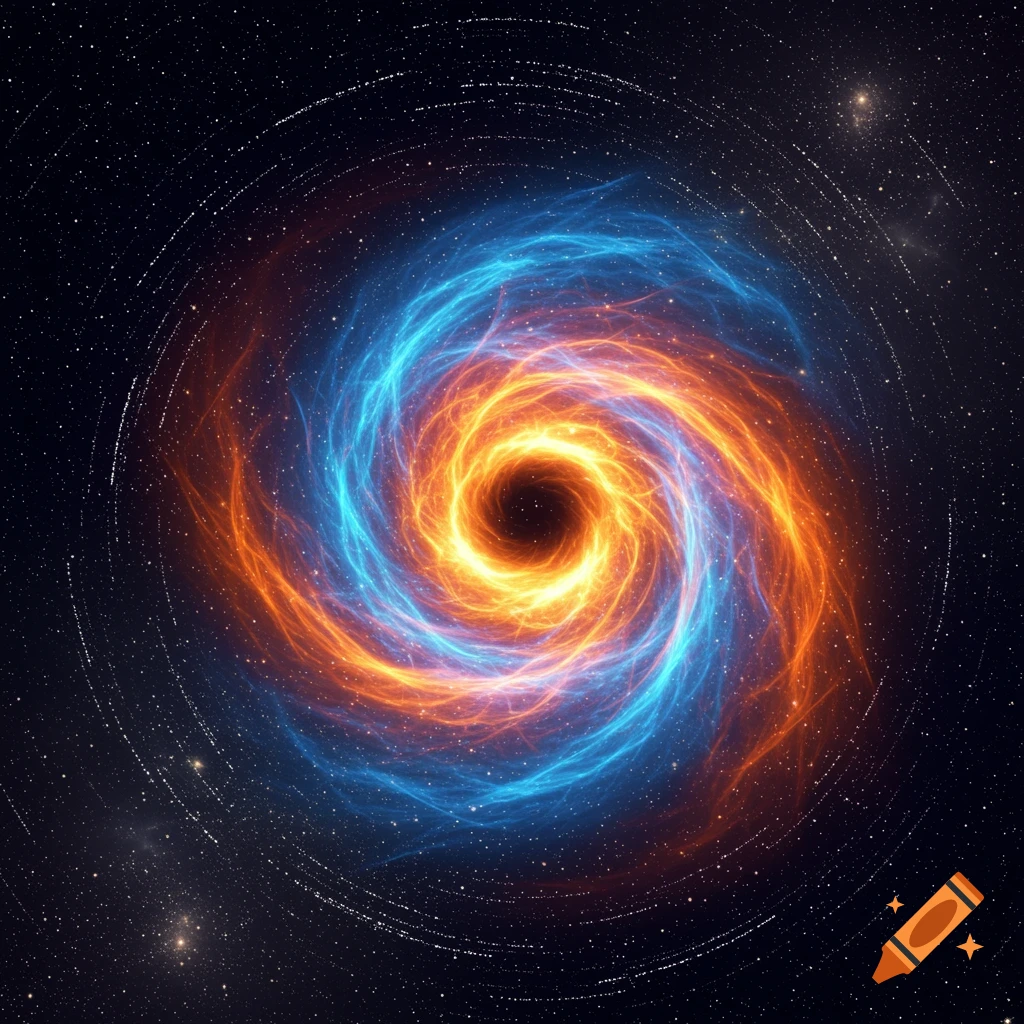 A vibrant orange and blue cosmic vortex swirls in a star-filled dark space.