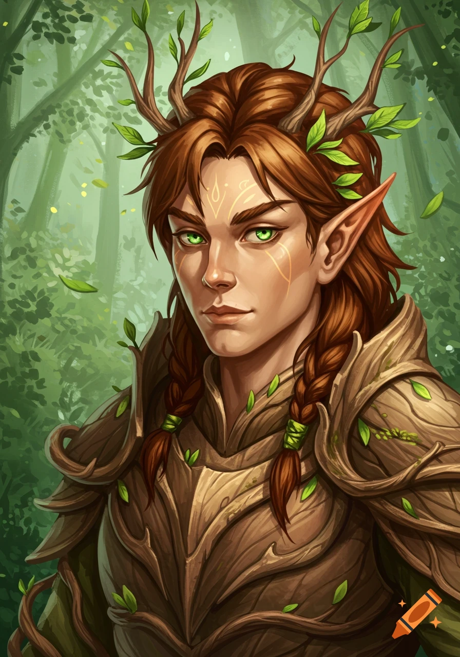 Digital painting of a male wood-elf druid with brown hair, green eyes, antler-like branches, and bark armor, in a forest.