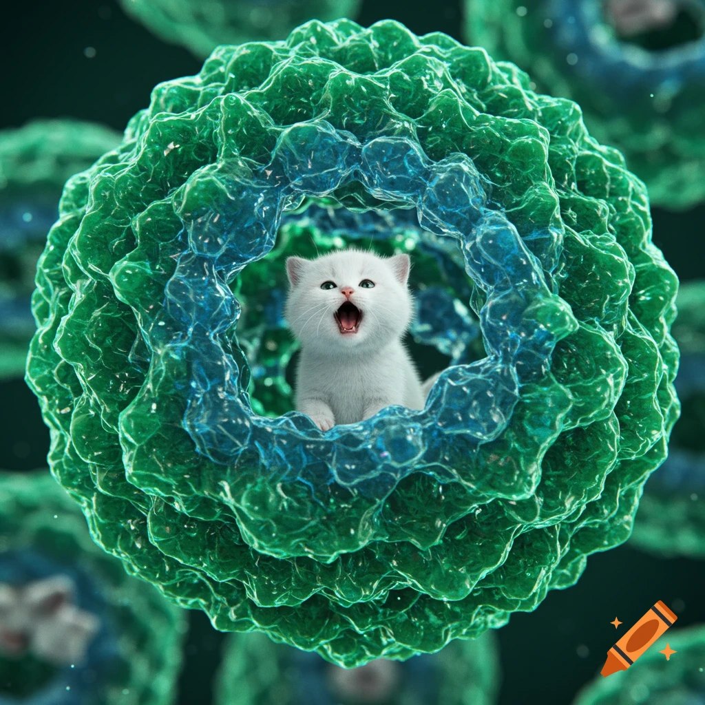 A tiny white kitten with its mouth open peers out from inside a large, intricate green and blue molecular structure.