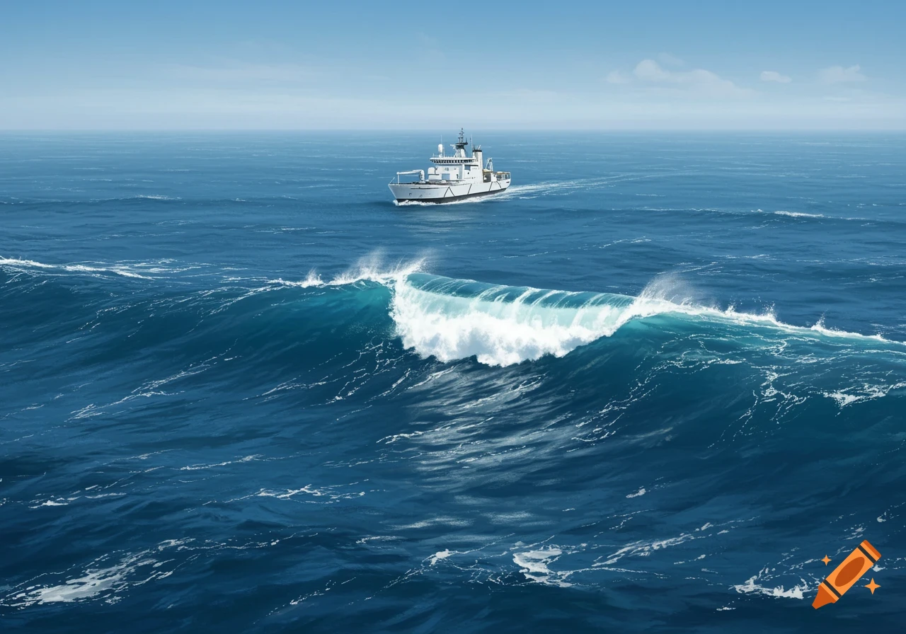 A white survey vessel sails on a deep blue ocean with a large breaking wave in the foreground under a clear sky.